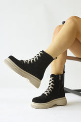 Herty Black Suede Beige Lace-Up Boots