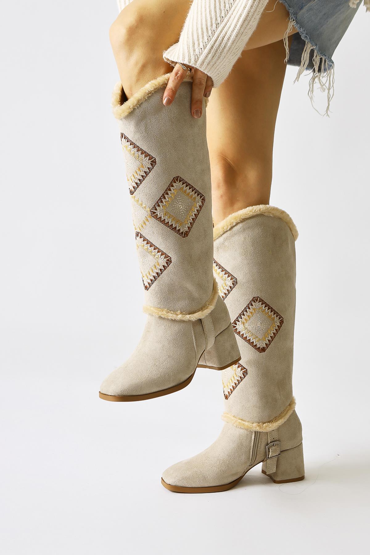 Hilka Beige Suede Removable Ankle Boots with Ethnic Pattern