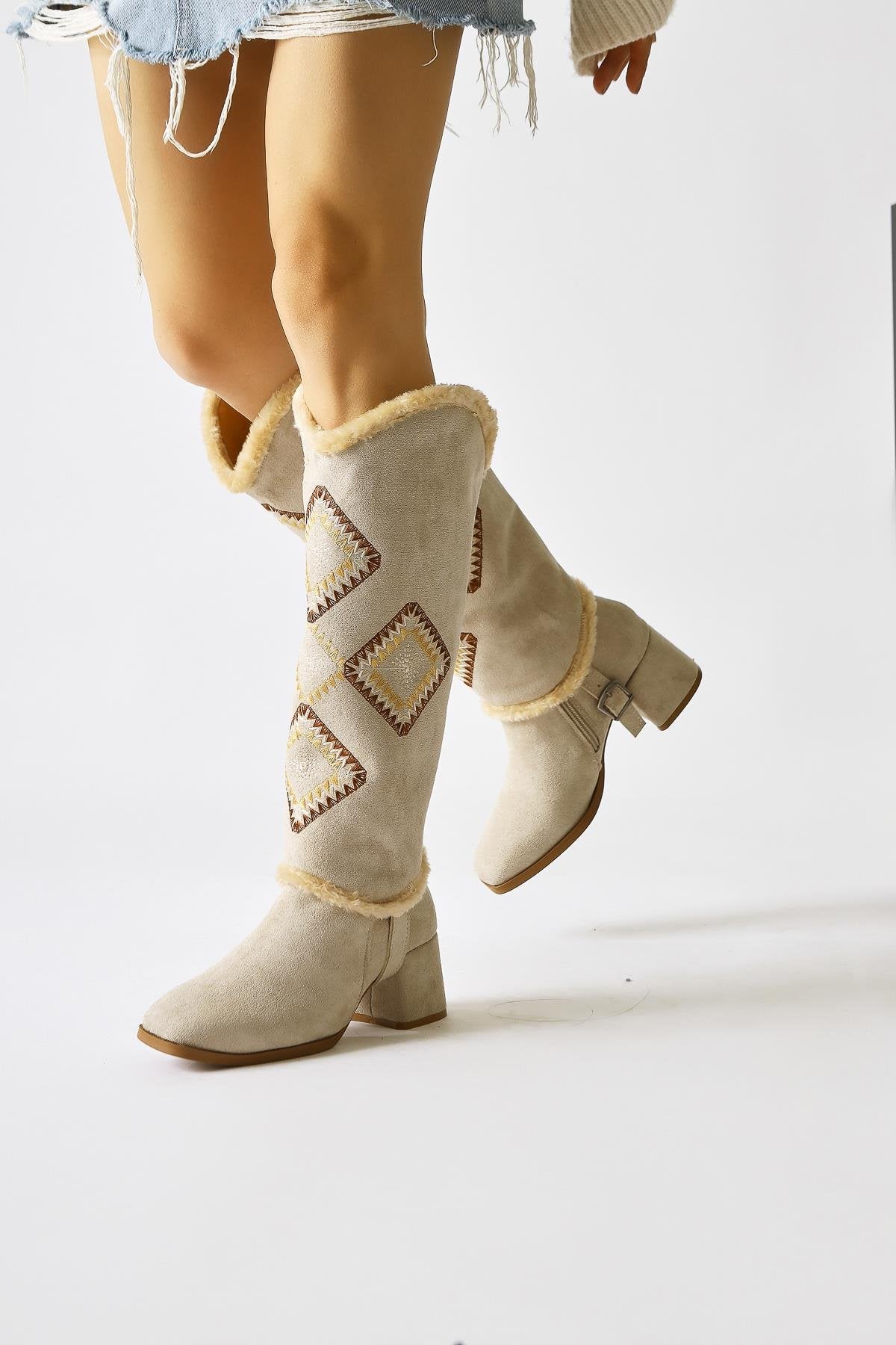 Hilka Beige Suede Removable Ankle Boots with Ethnic Pattern