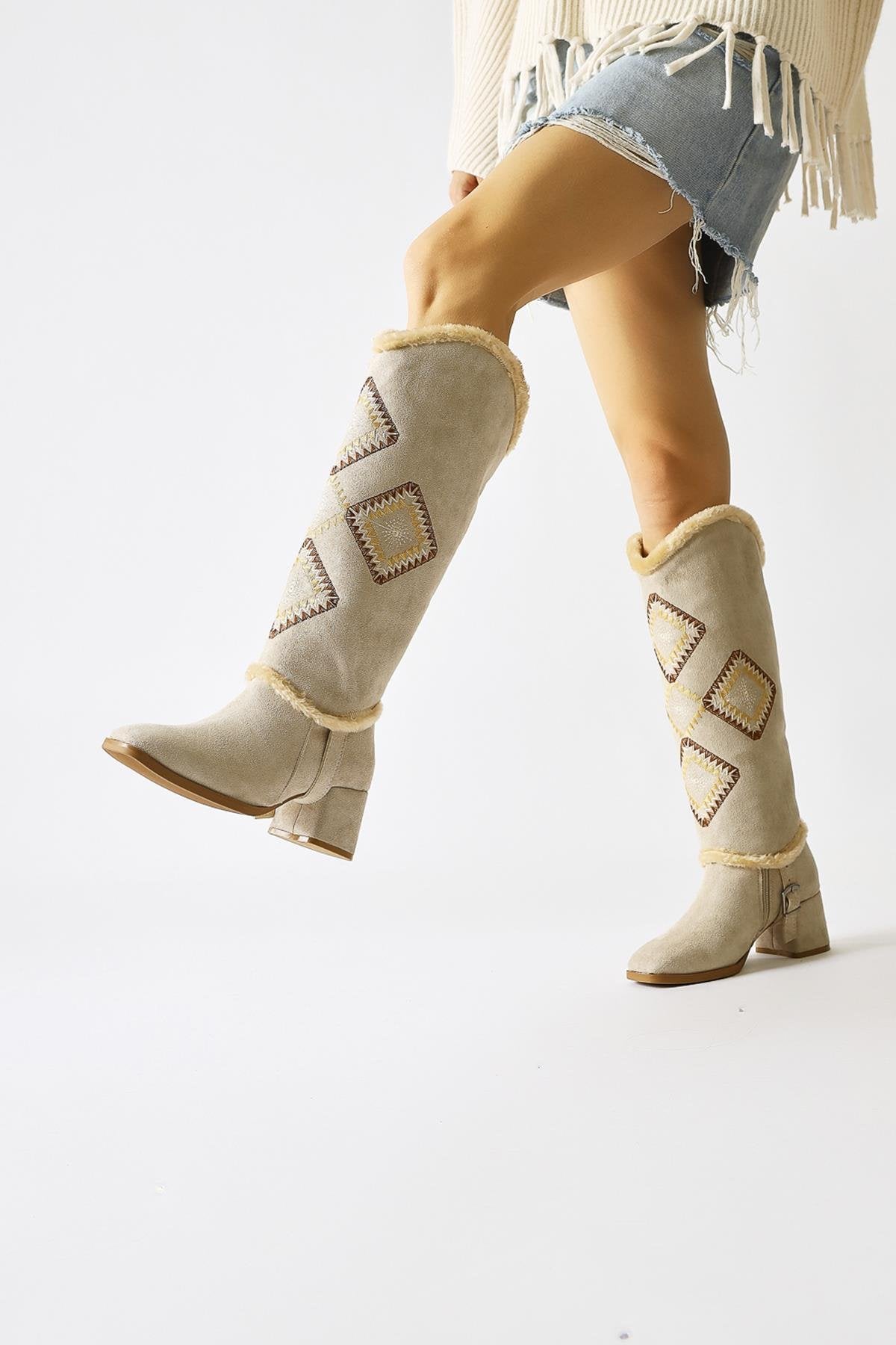 Hilka Beige Suede Removable Ankle Boots with Ethnic Pattern