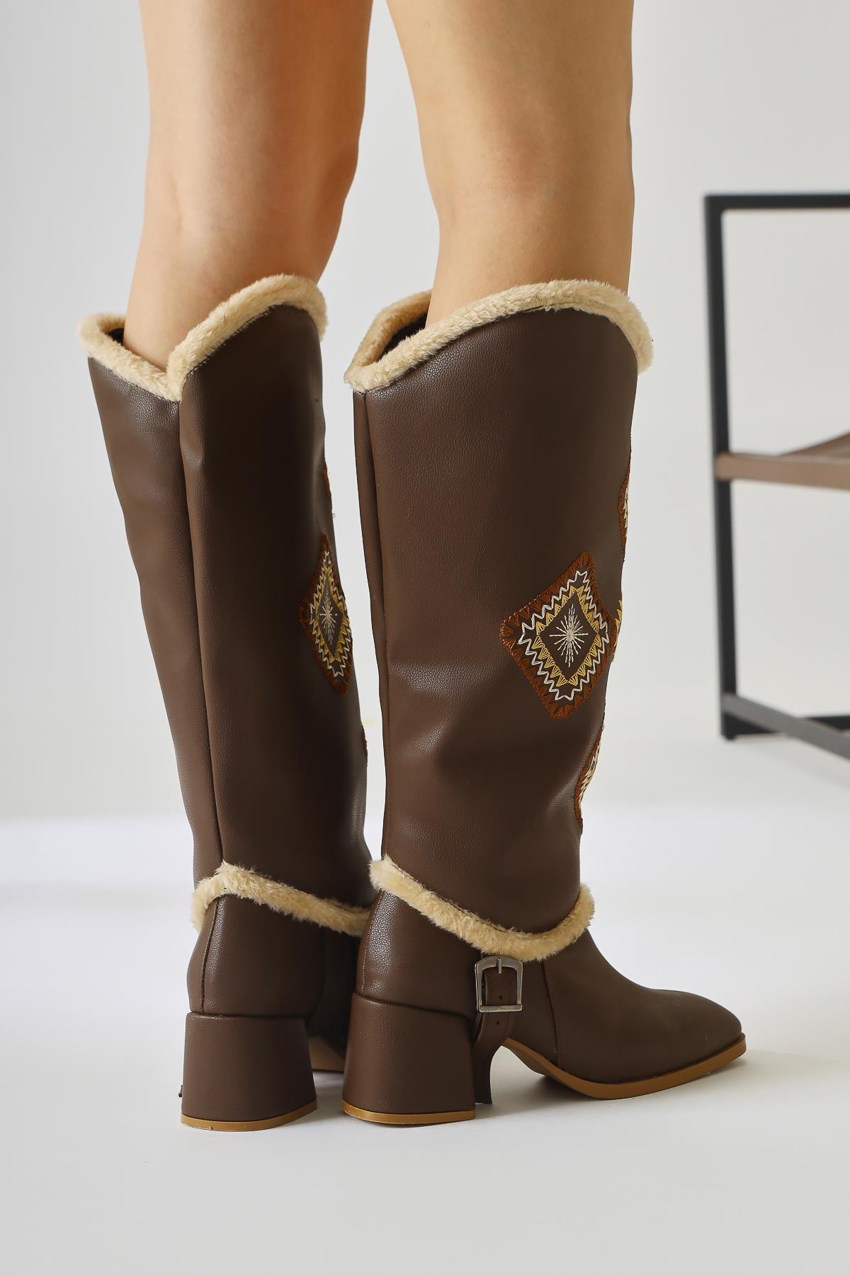 Hilka Brown Ethnic Patterned Boots with Removable Ankle Cuffs