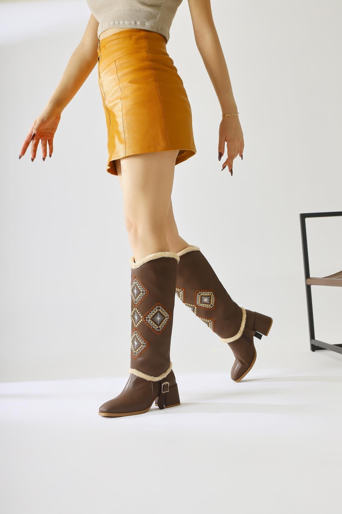 Hilka Brown Ethnic Patterned Boots with Removable Ankle Cuffs