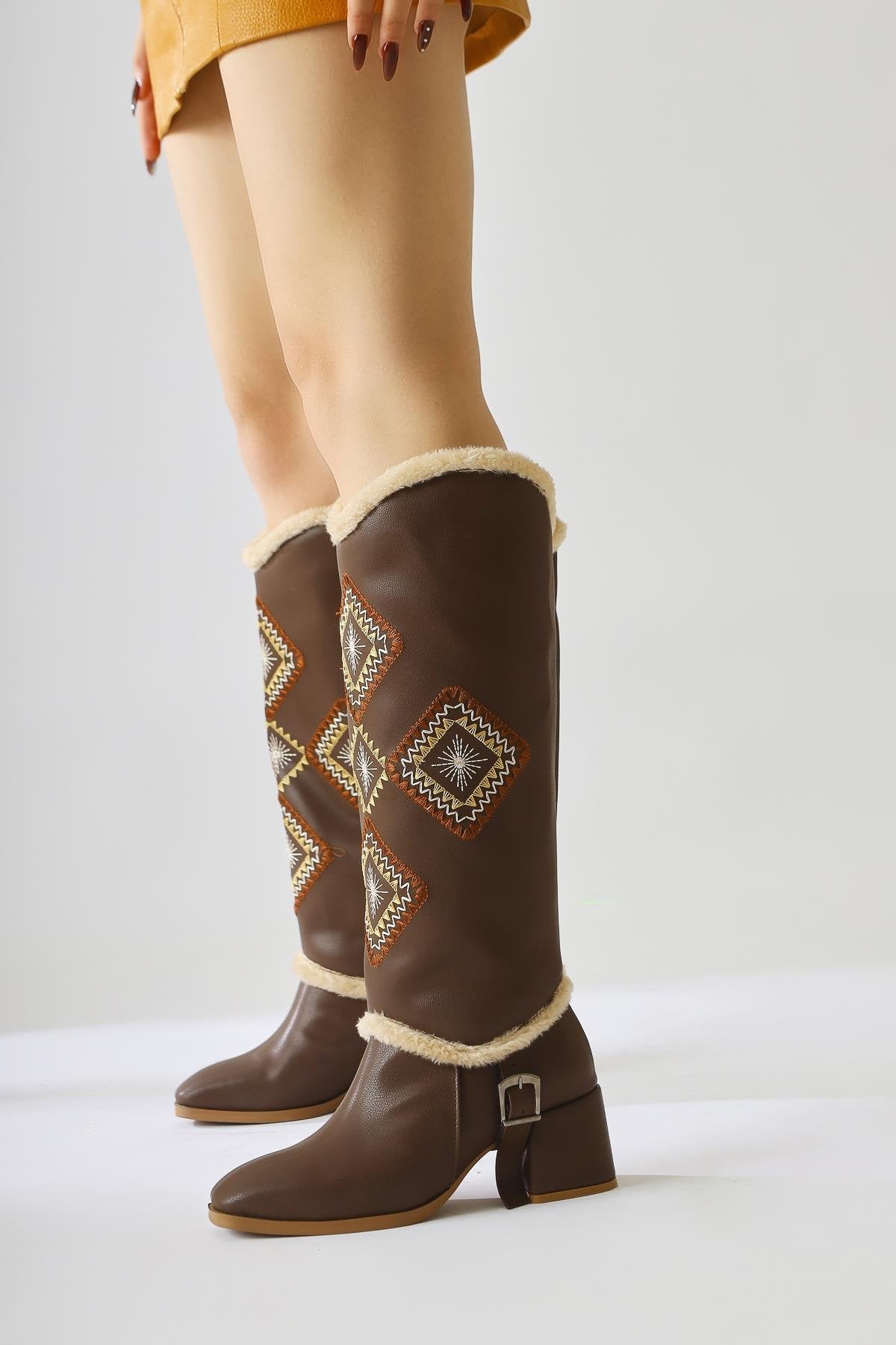 Hilka Brown Ethnic Patterned Boots with Removable Ankle Cuffs