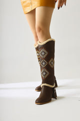 Hilka Brown Ethnic Patterned Boots with Removable Ankle Cuffs