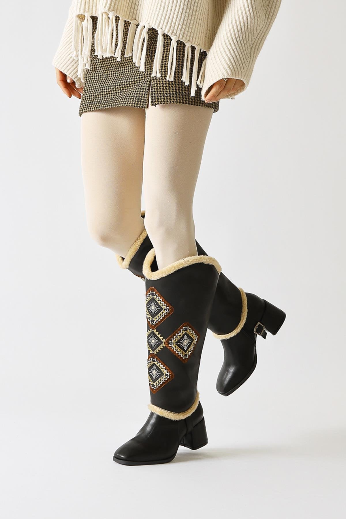 Hilka Black Ethnic Patterned Boots with Removable Ankle Cuffs