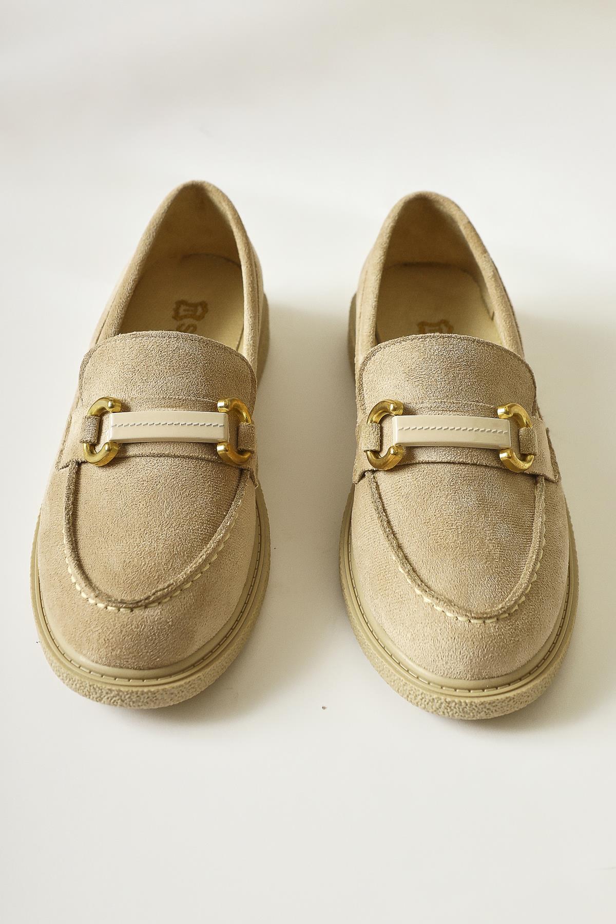 Jamnian Beige Suede Buckle Detailed Casual Shoes