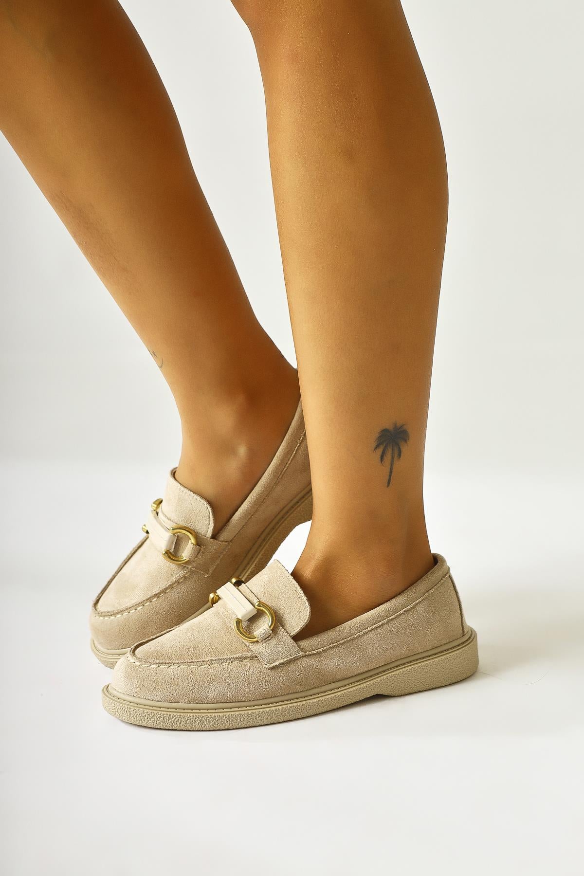 Jamnian Beige Suede Buckle Detailed Casual Shoes