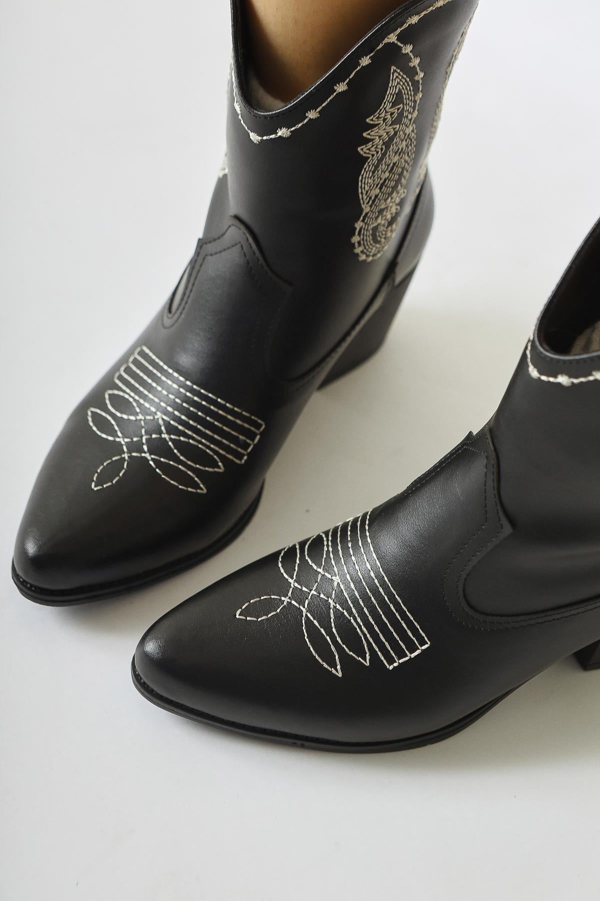 Jenny Black Pointed Toe Embroidered Detailed Western Boots