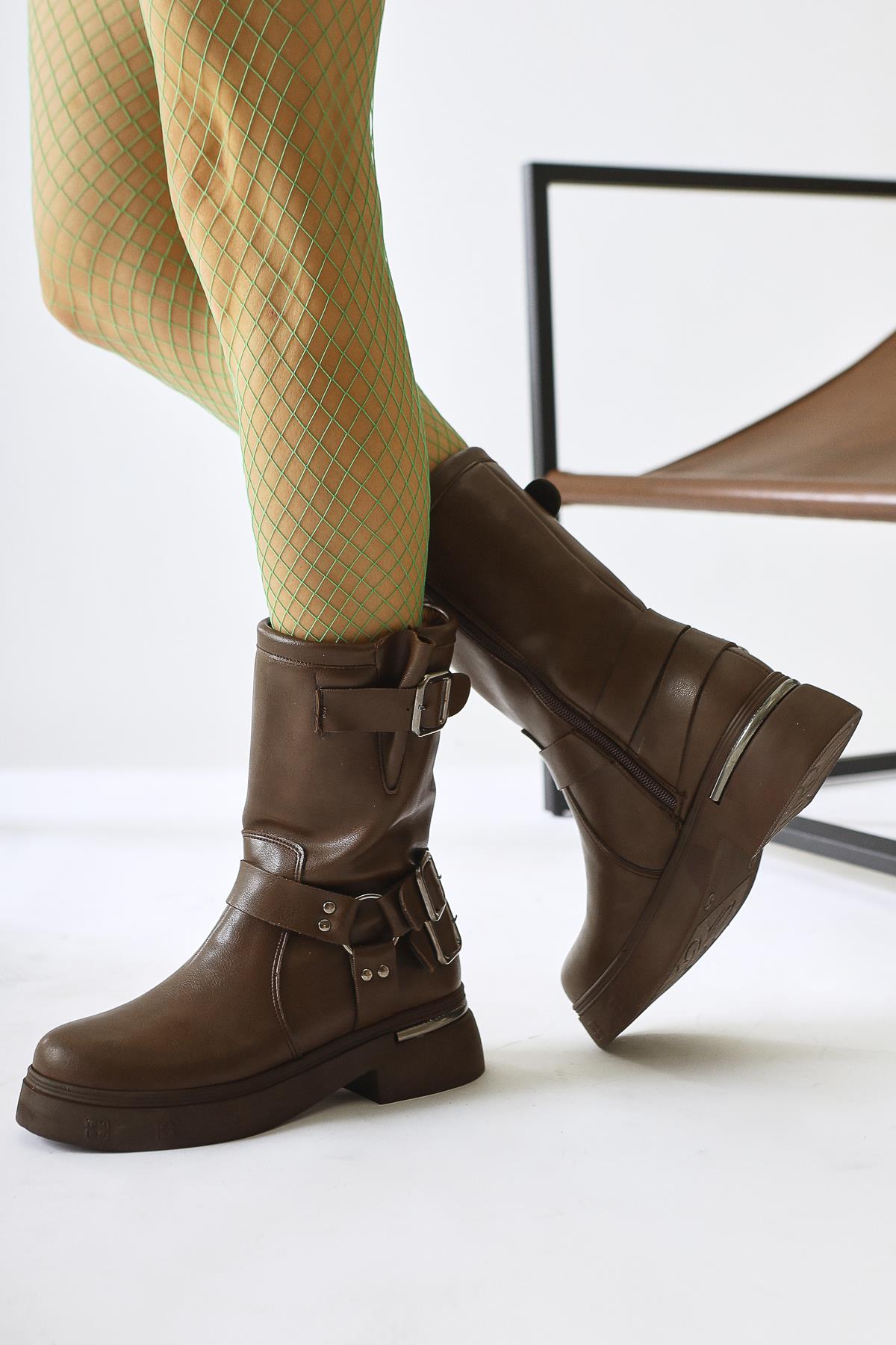 Joann Brown Buckle Detail Biker Boots