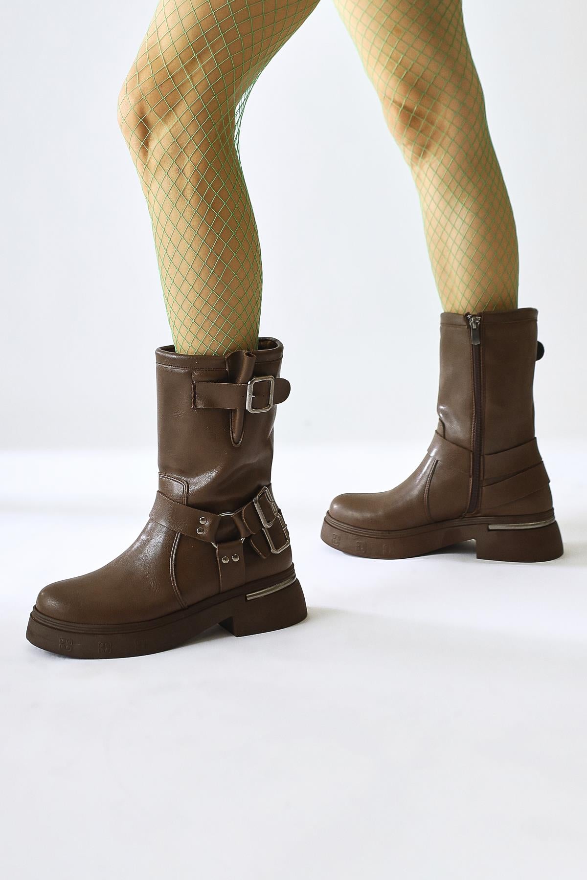 Joann Brown Buckle Detail Biker Boots