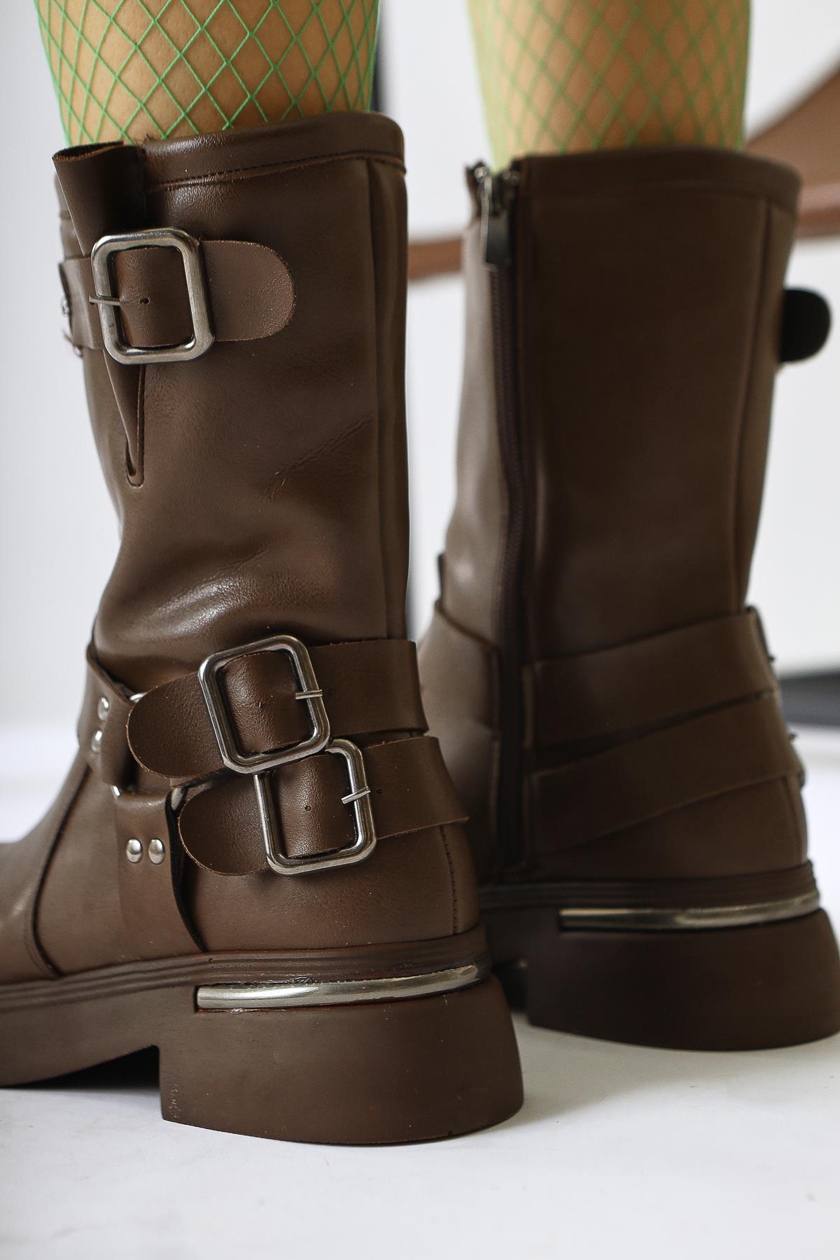 Joann Brown Buckle Detail Biker Boots