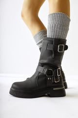 Joann Black Textured Leather Buckle Detail Biker Boots