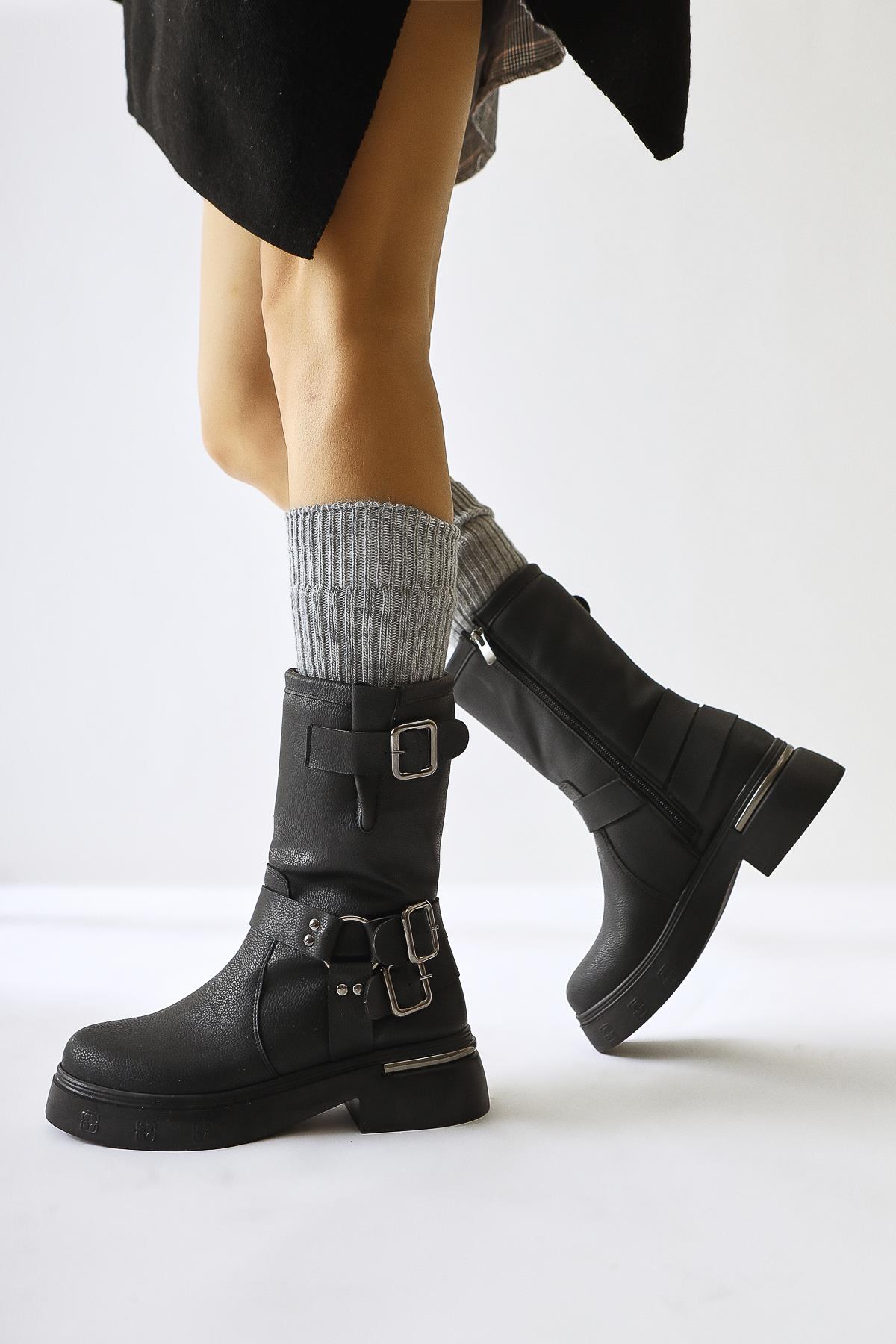 Joann Black Textured Leather Buckle Detail Biker Boots