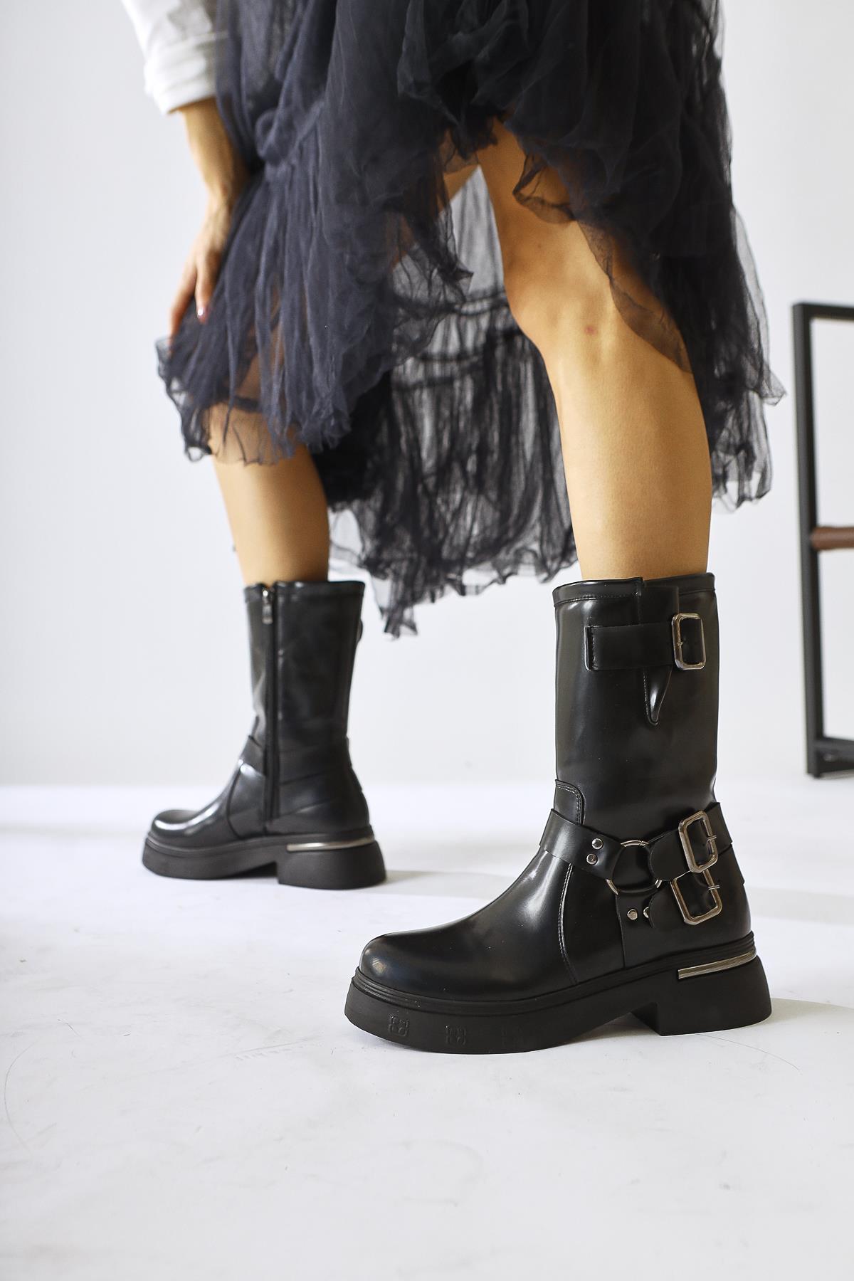 Joann Black Buckle Detail Biker Boots