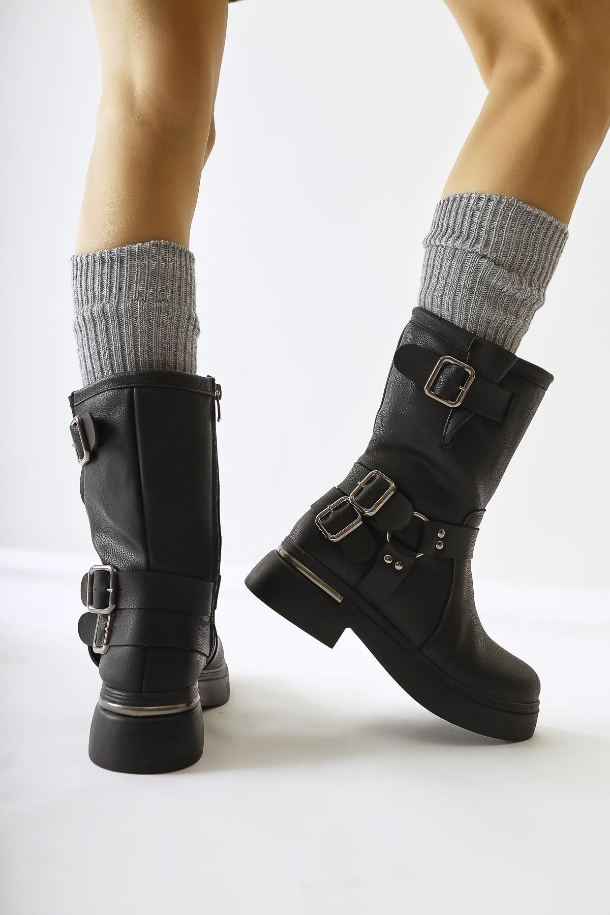 Joann Black Textured Leather Buckle Detail Biker Boots