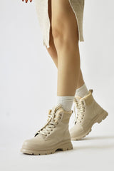 Joey Beige Lace-Up Boots with Fur Lining and Textile Detail