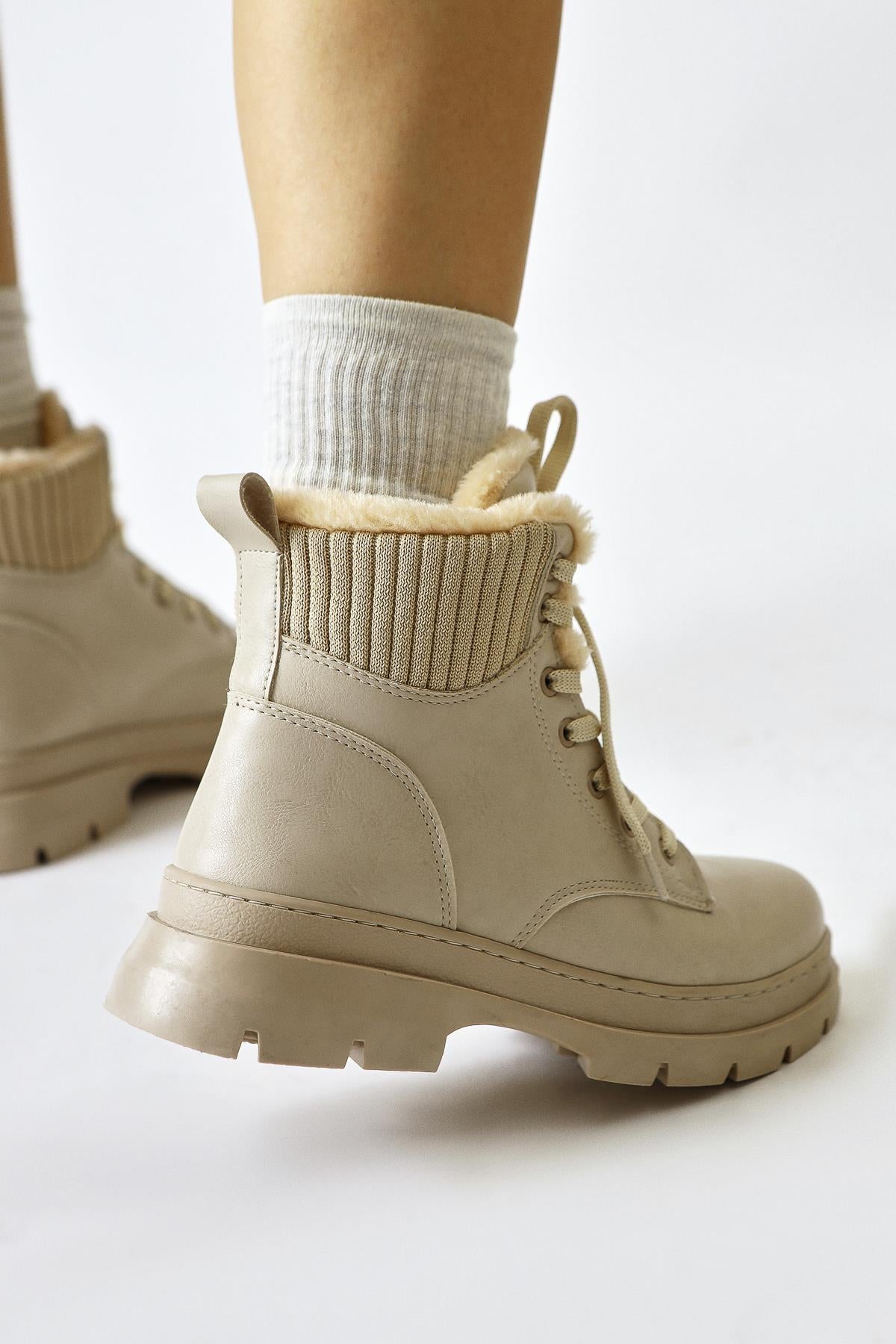 Joey Beige Lace-Up Boots with Fur Lining and Textile Detail