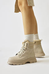 Joey Beige Lace-Up Boots with Fur Lining and Textile Detail