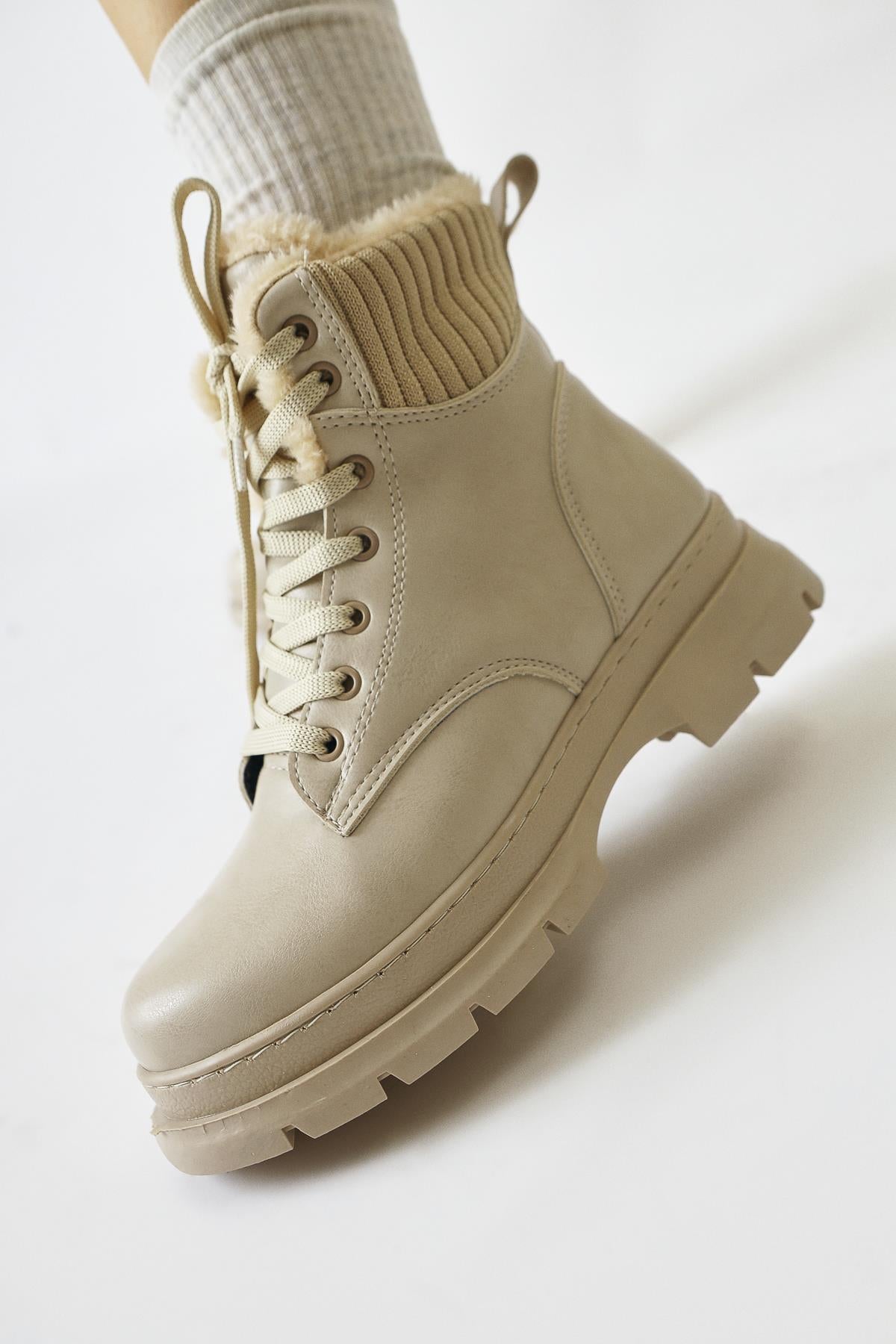 Joey Beige Lace-Up Boots with Fur Lining and Textile Detail