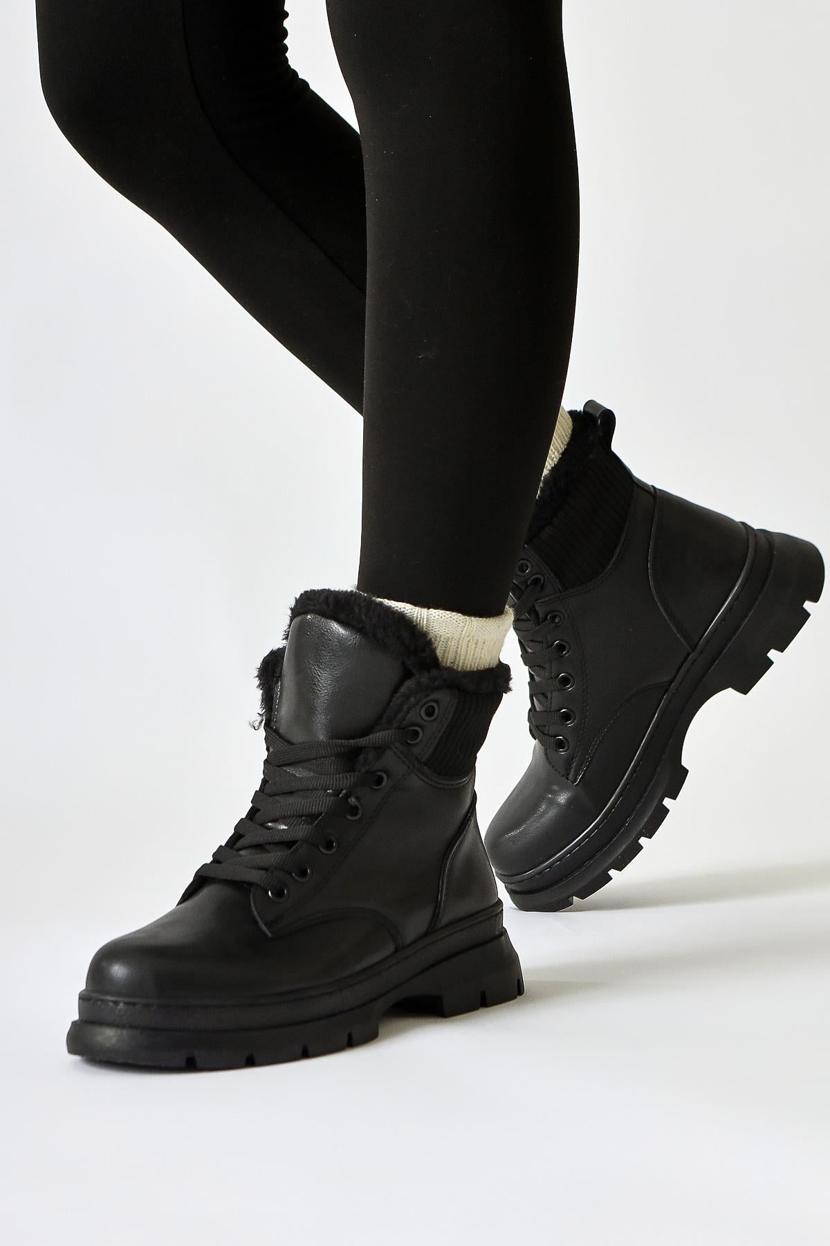 Joey Black Lace-Up Boots with Fur Lining and Textile Detail