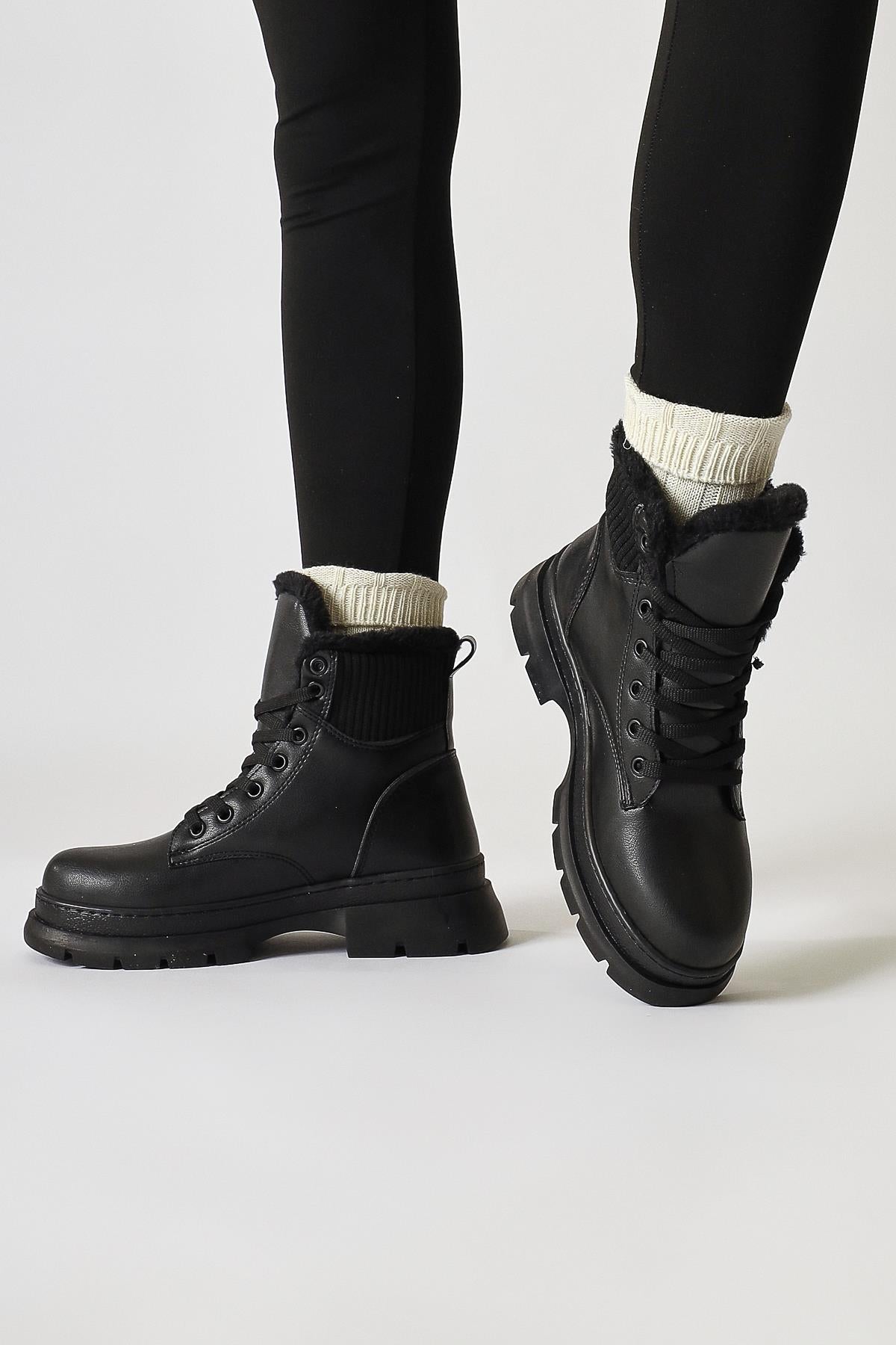 Joey Black Lace-Up Boots with Fur Lining and Textile Detail