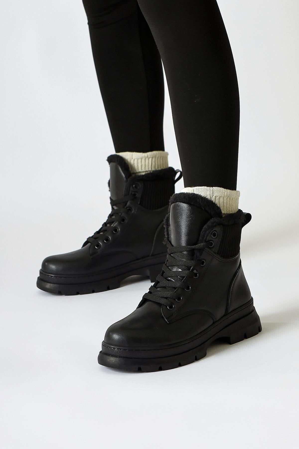 Joey Black Lace-Up Boots with Fur Lining and Textile Detail