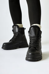 Joey Black Lace-Up Boots with Fur Lining and Textile Detail