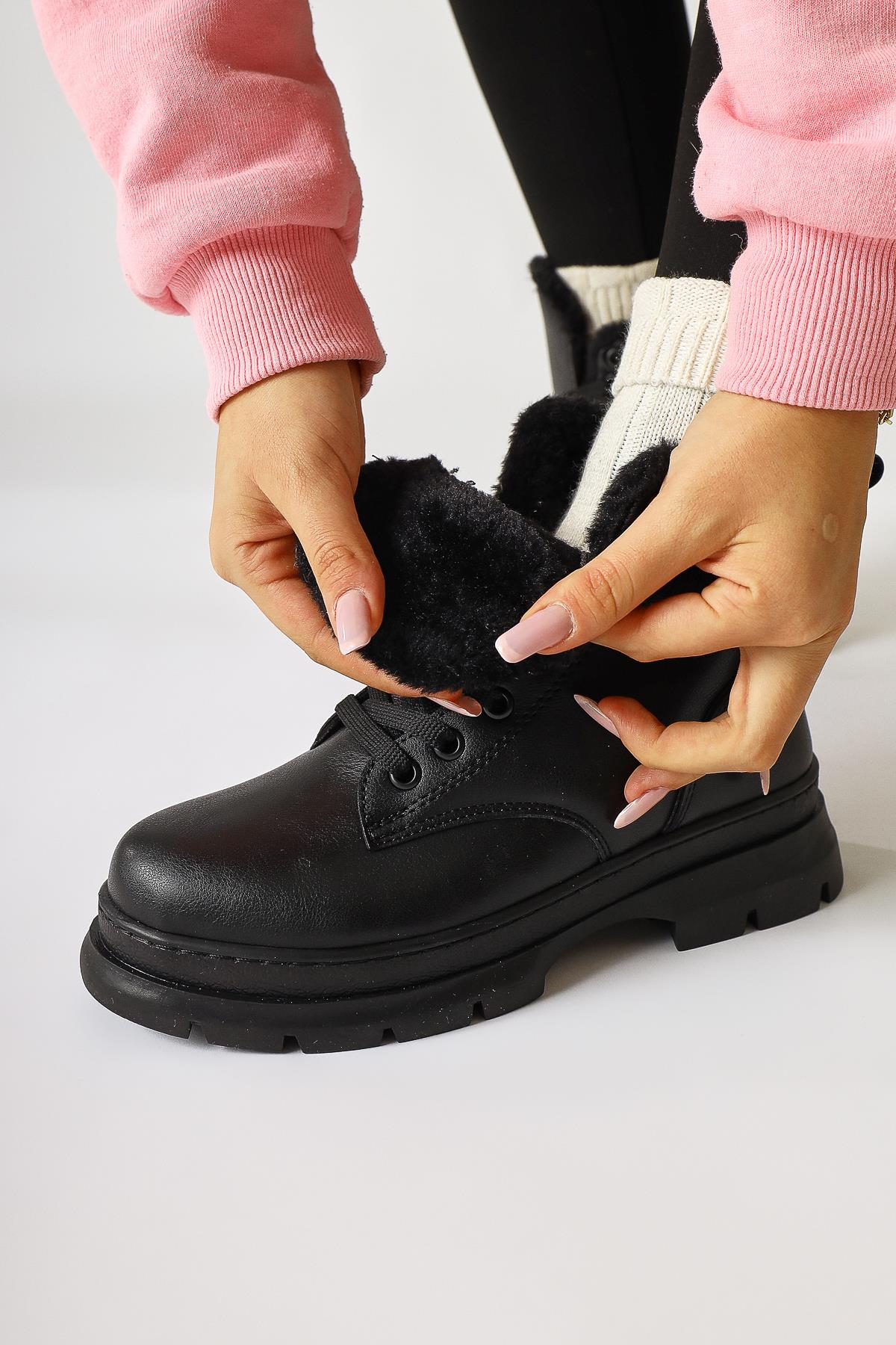 Joey Black Lace-Up Boots with Fur Lining and Textile Detail