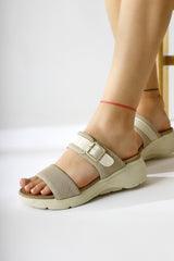 Jojo Beige Double Textile Banded Comfortable Sole Slippers