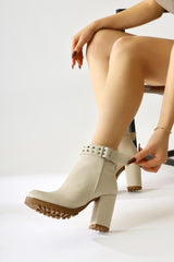 Jonny Beige Belt Detailed Oval Toe Zippered Boots