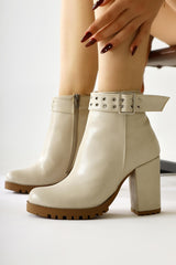 Jonny Beige Belt Detailed Oval Toe Zippered Boots