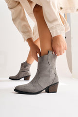 Joo Grey Suede Pointed Toe Embroidered Western Boots