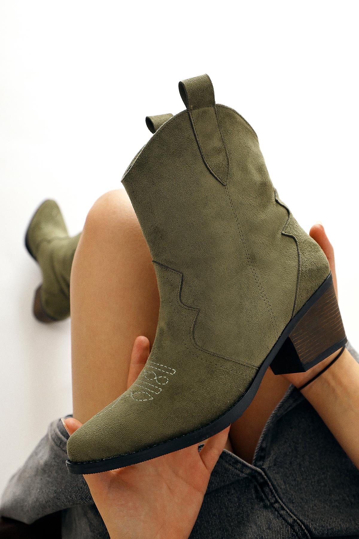 Joo Khaki Suede Pointed Toe Embroidered Western Boots