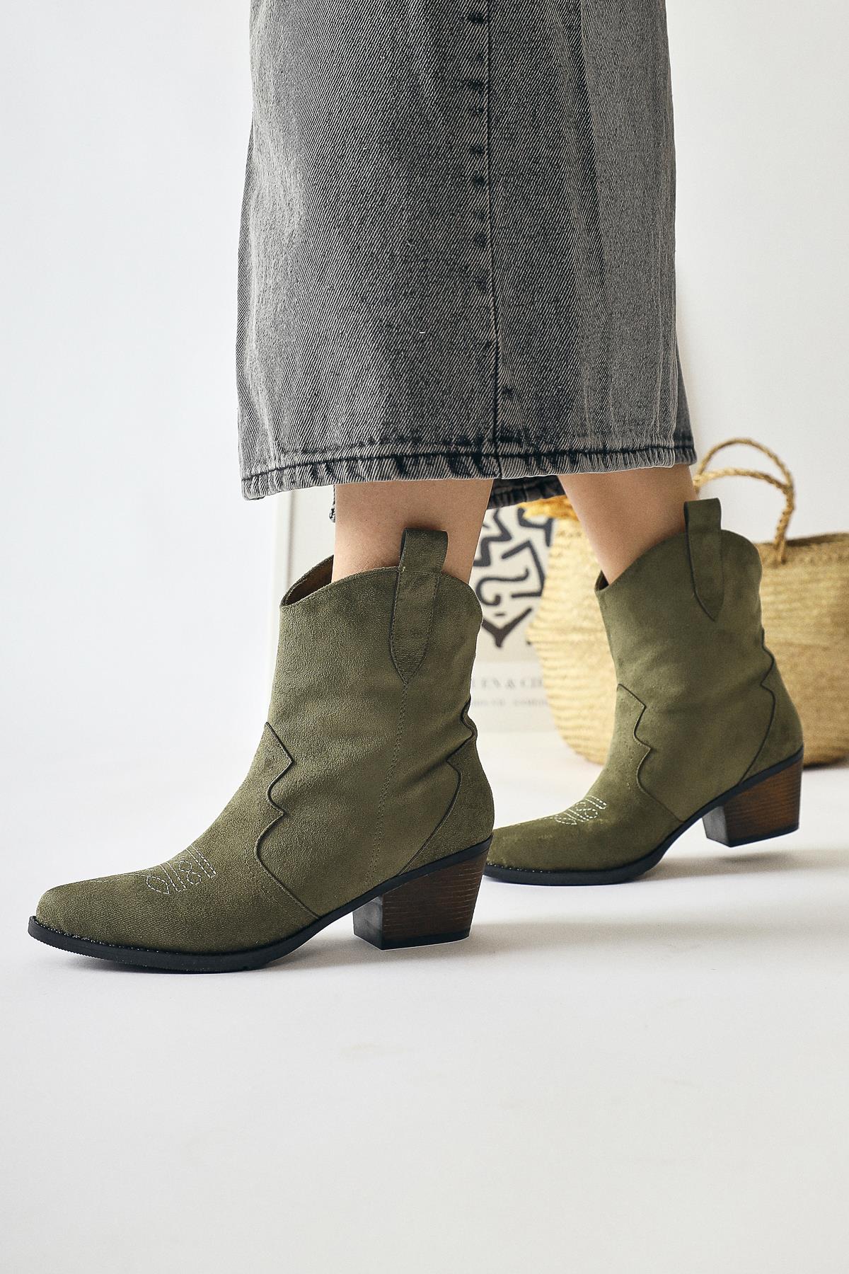 Joo Khaki Suede Pointed Toe Embroidered Western Boots