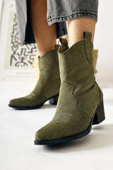 Joo Khaki Suede Pointed Toe Embroidered Western Boots