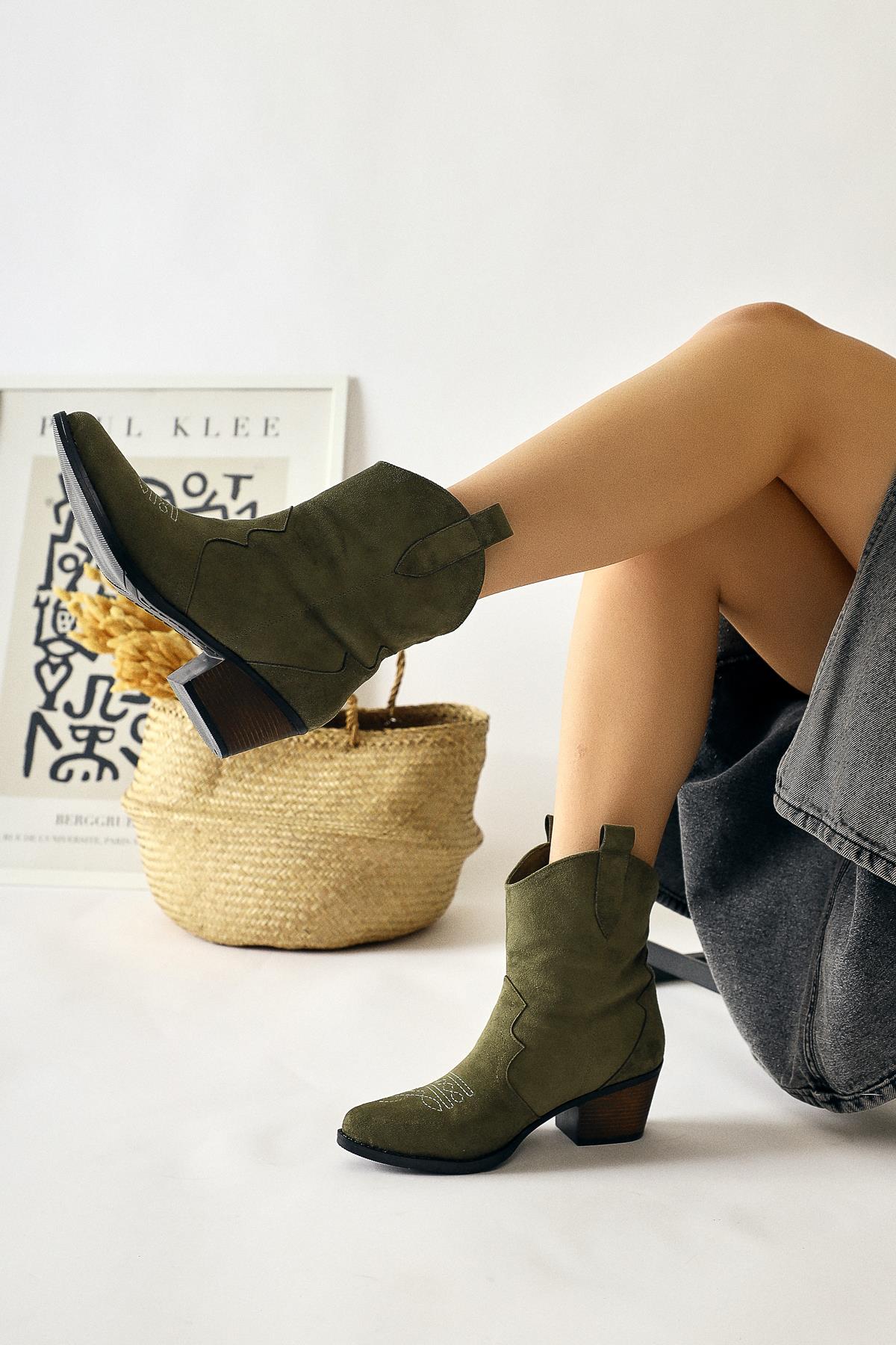 Joo Khaki Suede Pointed Toe Embroidered Western Boots