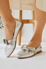 Joselin Silver Wrinkled Patent Leather Bow Accessory Ballerinas