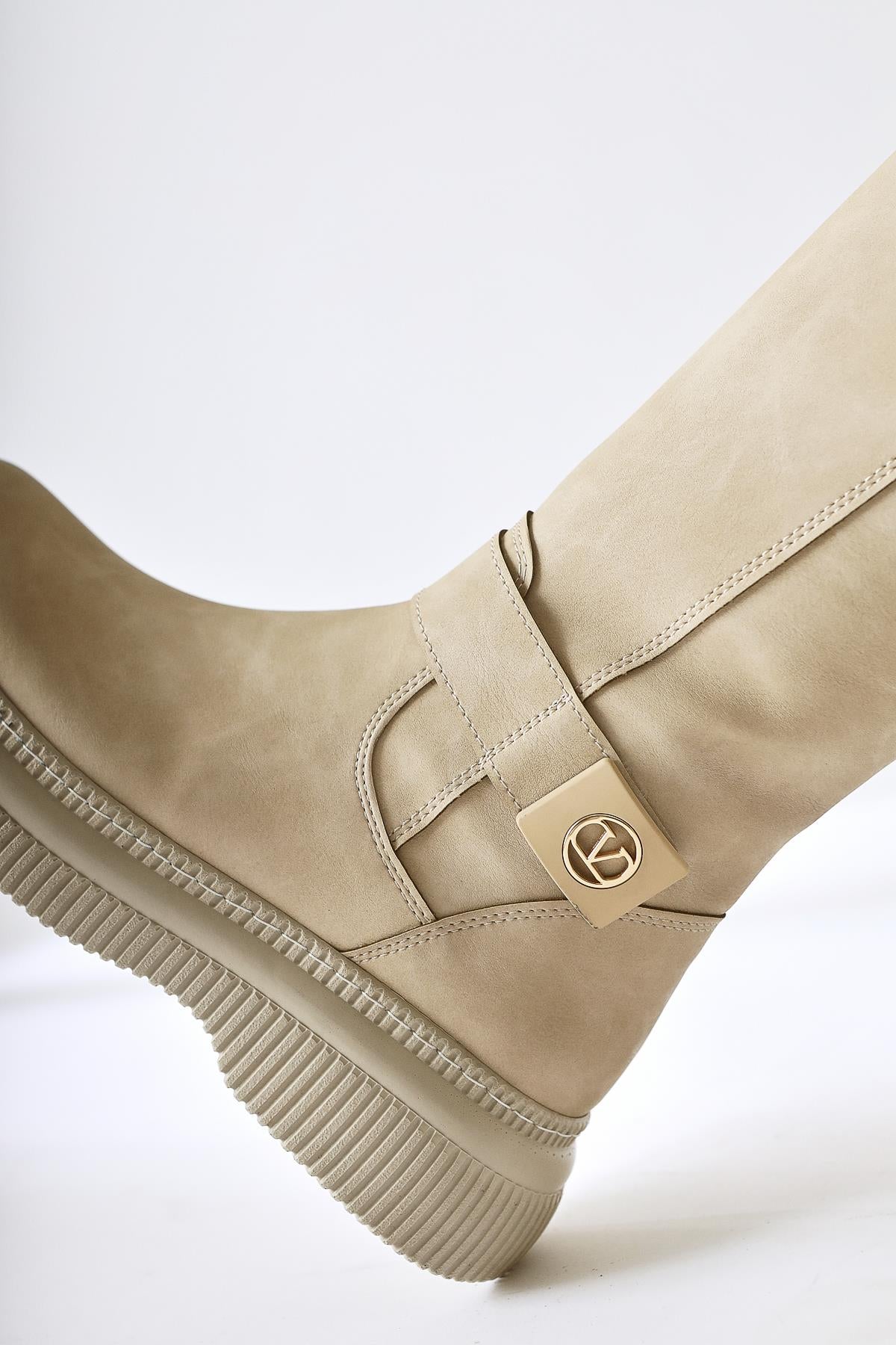 Juliah Cream Buckle Detail Zipper Boots