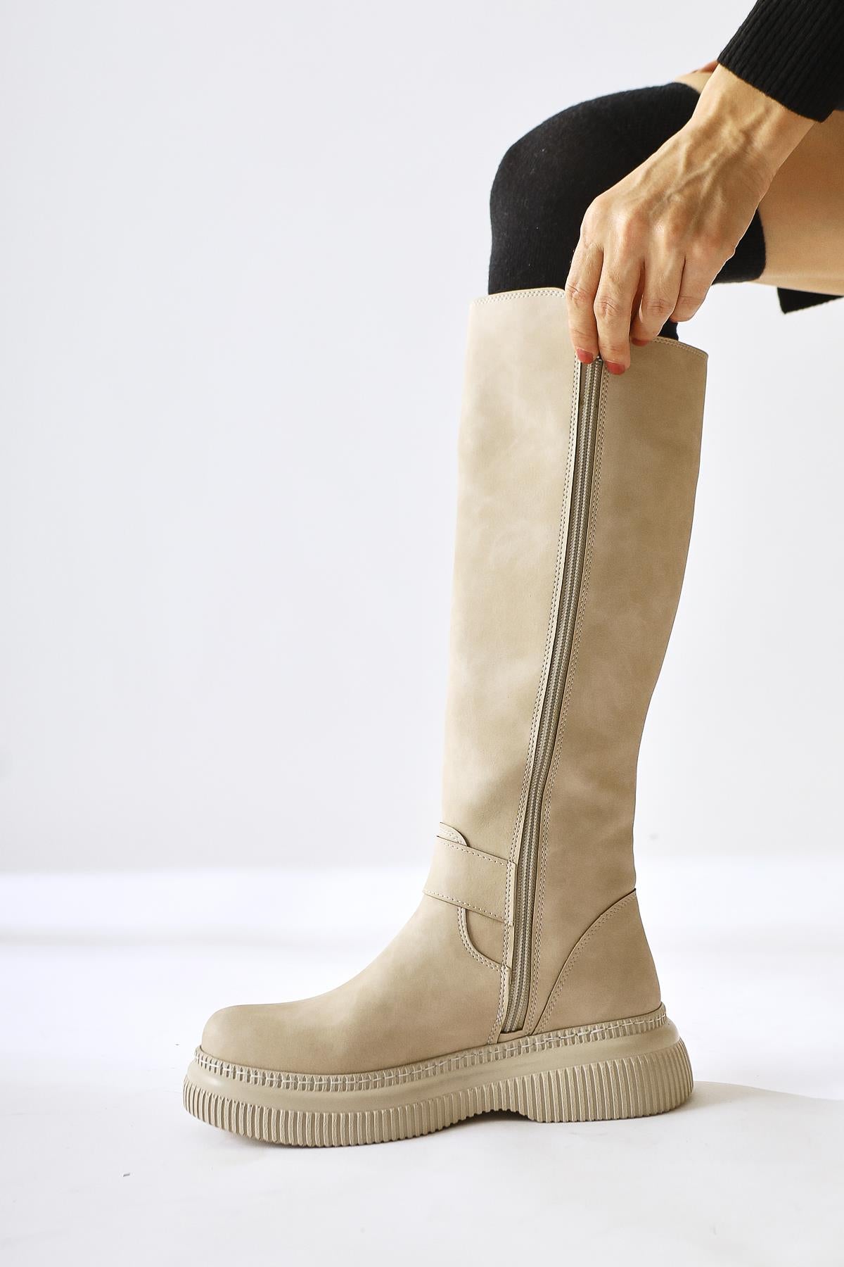 Juliah Cream Buckle Detail Zipper Boots