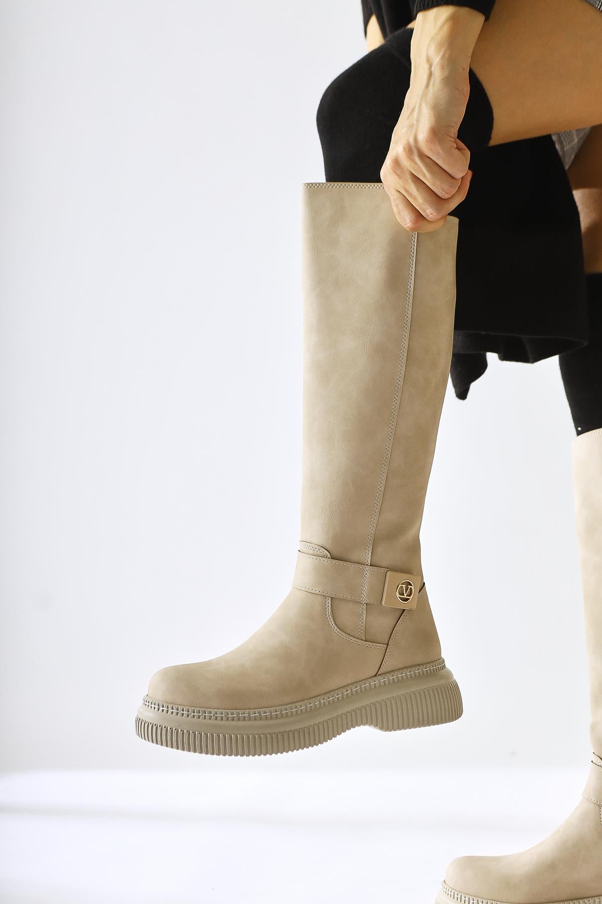 Juliah Cream Buckle Detail Zipper Boots