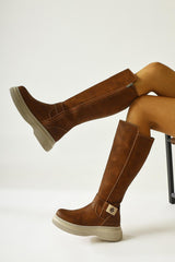 Juliah Tan Buckle Detail Zipper Boots