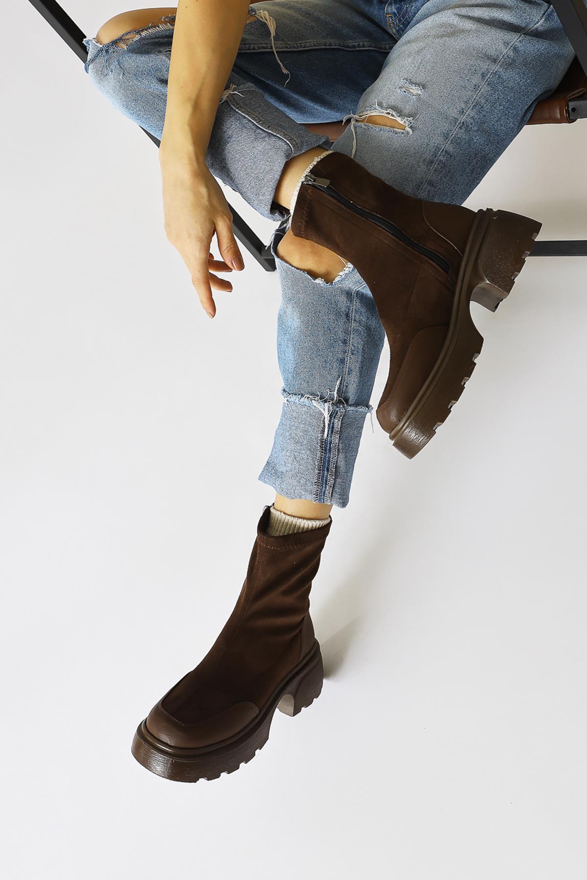 Juna Brown Suede Leather Detailed Sock Boots