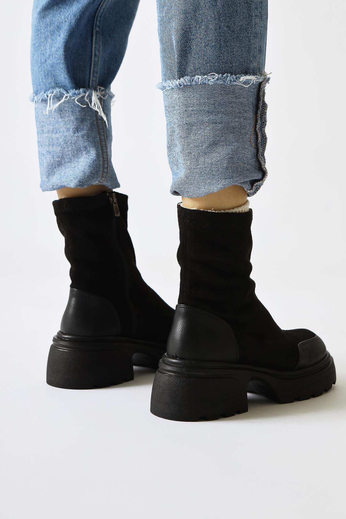 Juna Black Suede Leather Detailed Sock Boots