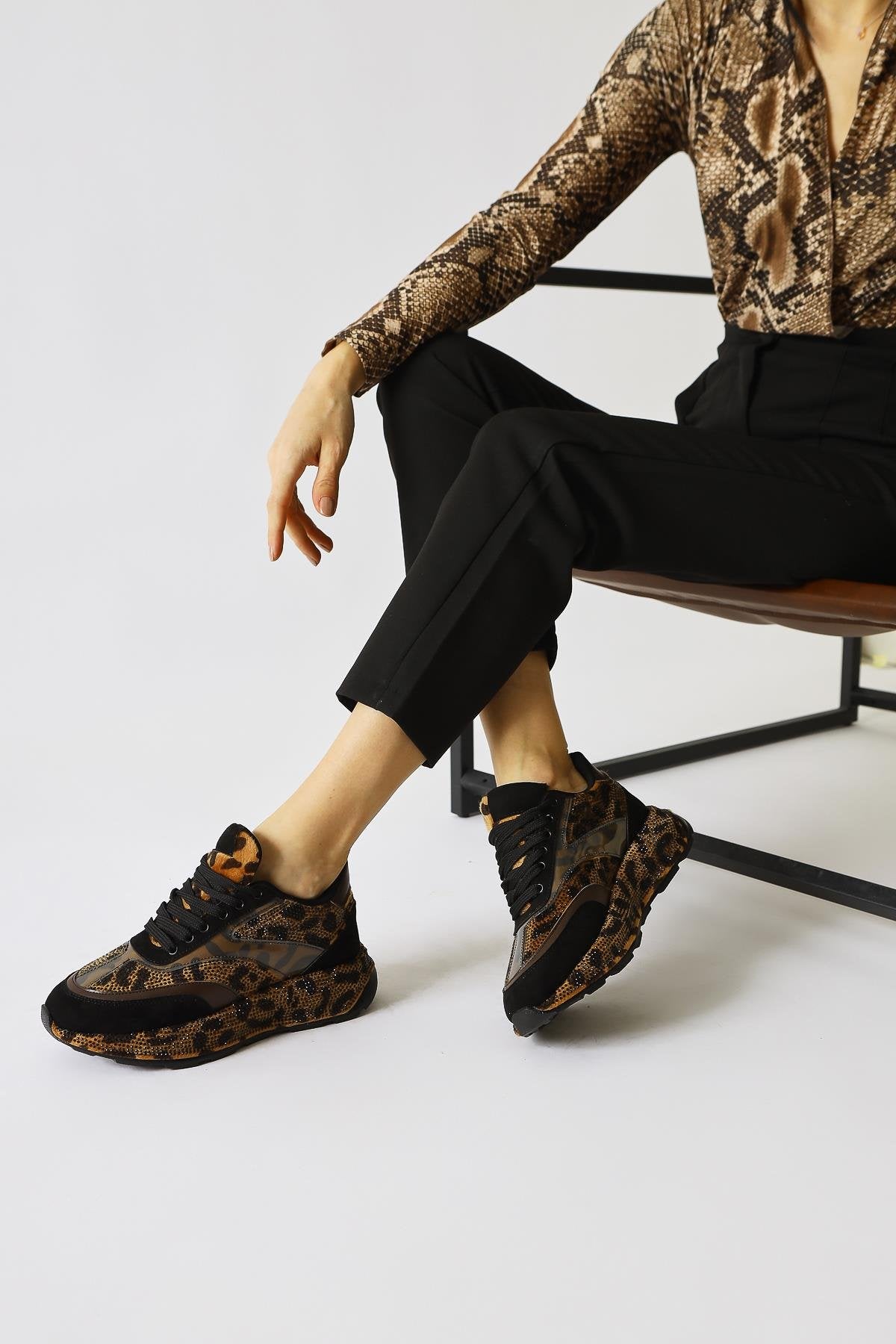 Kada Black Leopard Patterned Stone Detail Sneakers