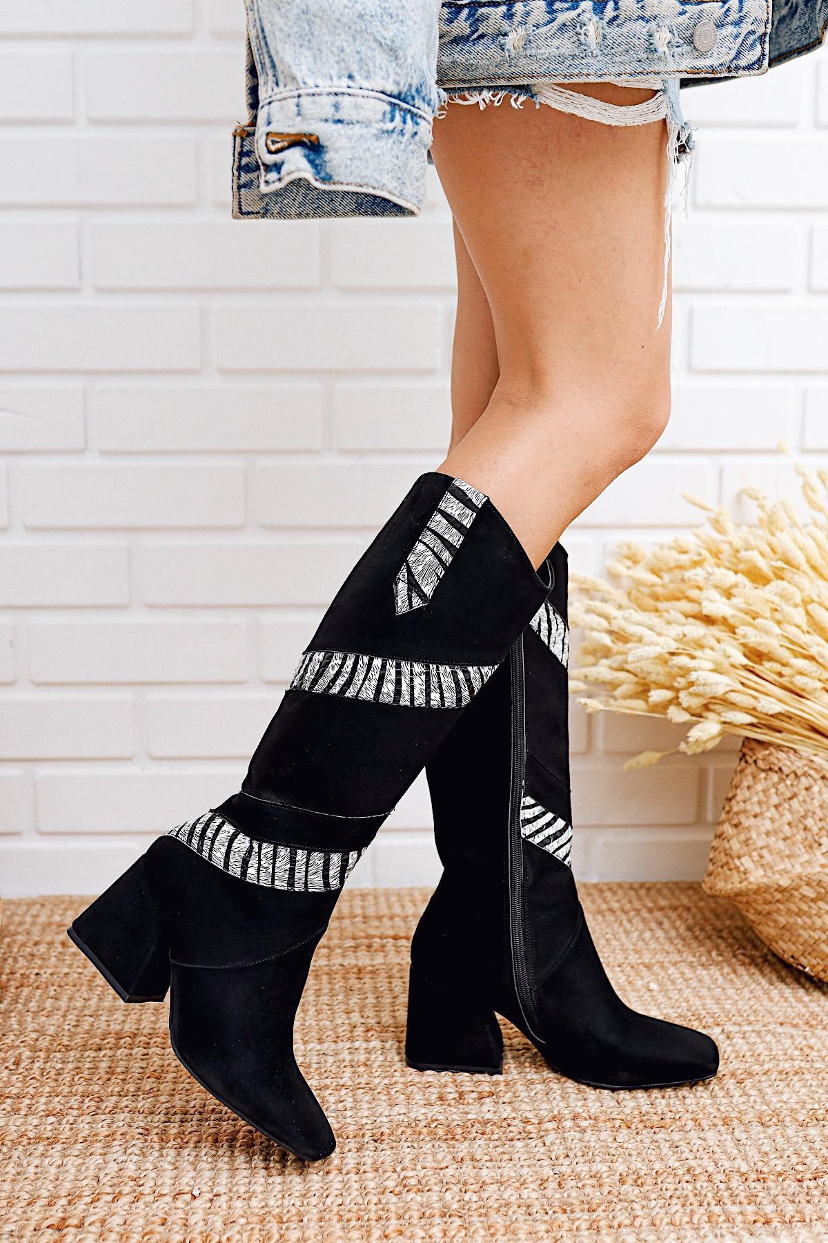 Kai Black Suede Zebra Detailed Blunt Toe Boots