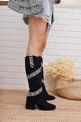 Kai Black Suede Zebra Detailed Blunt Toe Boots