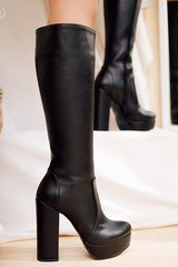 Kaley Black Leather Above Knee High Heel Boots