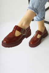 Kalla Claret Red Patent Leather Thick Soled Buckled Casual Shoes