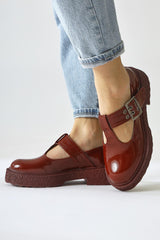 Kalla Claret Red Patent Leather Thick Soled Buckled Casual Shoes