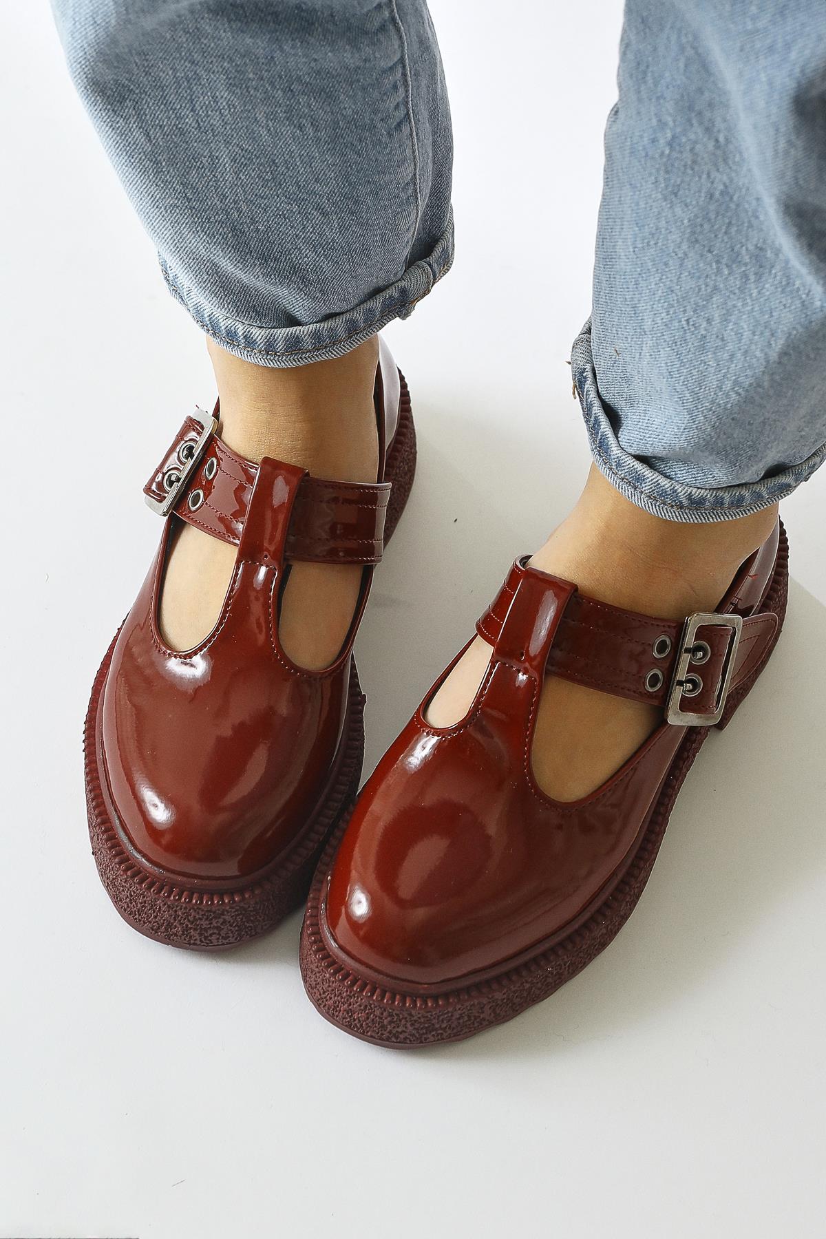 Kalla Claret Red Patent Leather Thick Soled Buckled Casual Shoes